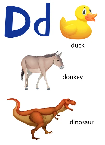 Písmeno D kachna, osel a dinosaurus — Stockový vektor