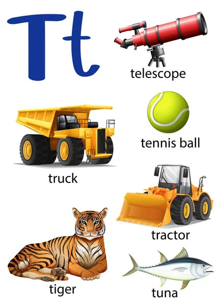 Letter T for telescope, truck, tennis ball, tractor, tiger and t — Stock Vector