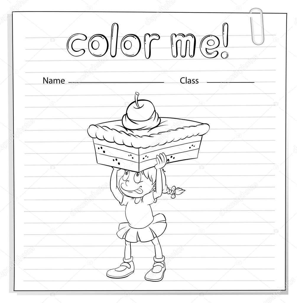 Coloriage de feuille de calcul avec une fille portant un g¢teau – Illustration
