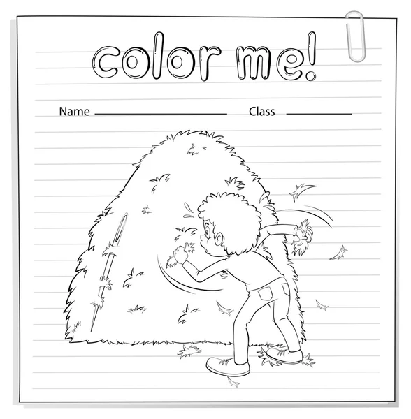 Feuille de travail à colorier avec un garçon regardant la meule de foin — Image vectorielle