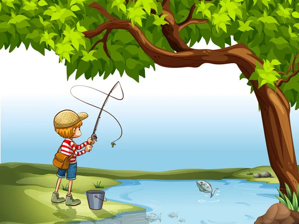 Niño pescando en el río — Vector de stock