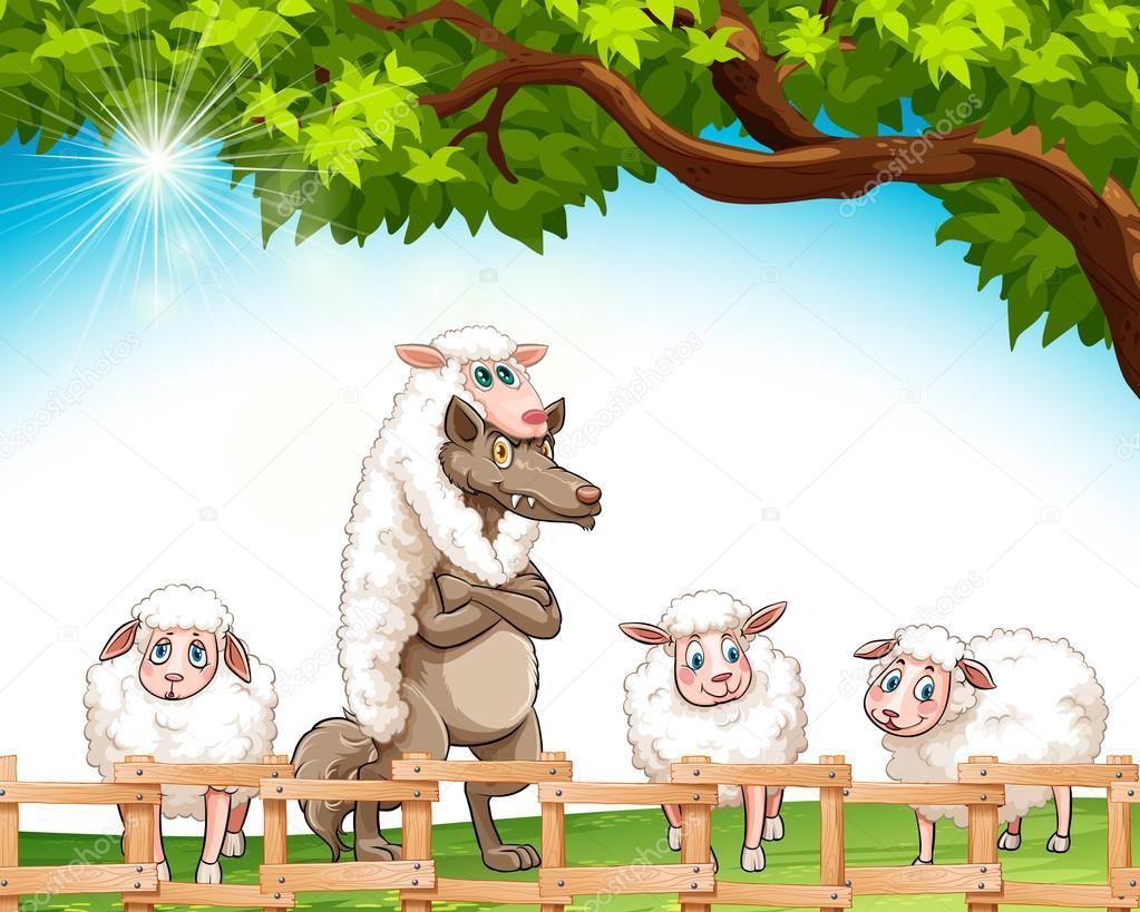 Group of sheeps with a wolf