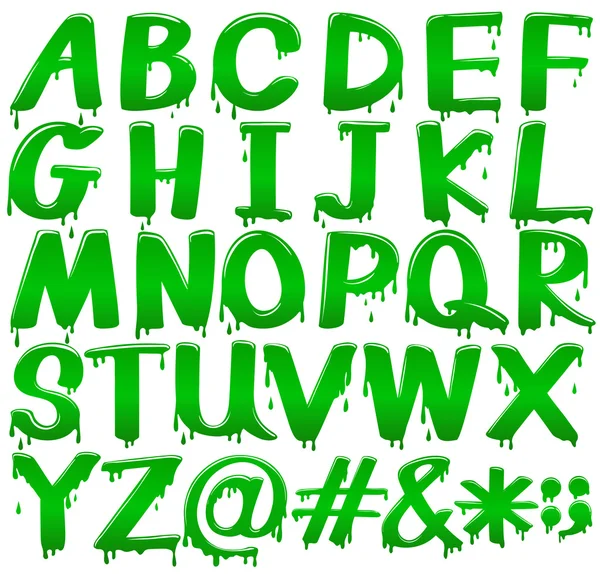 Letras do alfabeto em um modelo verde derretendo —  Vetores de Stock
