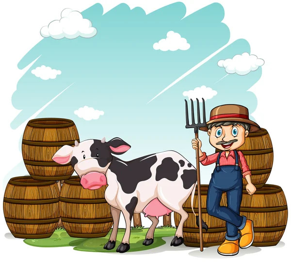 Farmer beside the cow — Stock Vector