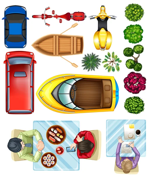 Topview of vehicles, plants and people at the table — Stock Vector