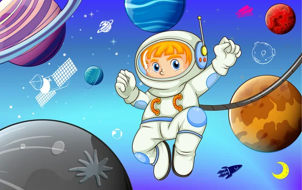 Astronaut met planeten in de ruimte — Stockvector