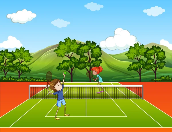 पार्क में टेनिस खेलते बच्चे — स्टॉक वेक्टर