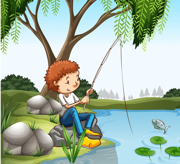 Young boy fishing in pond — Stock Vector