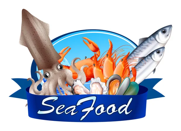 Label seafood dengan berbagai macam makanan laut - Stok Vektor