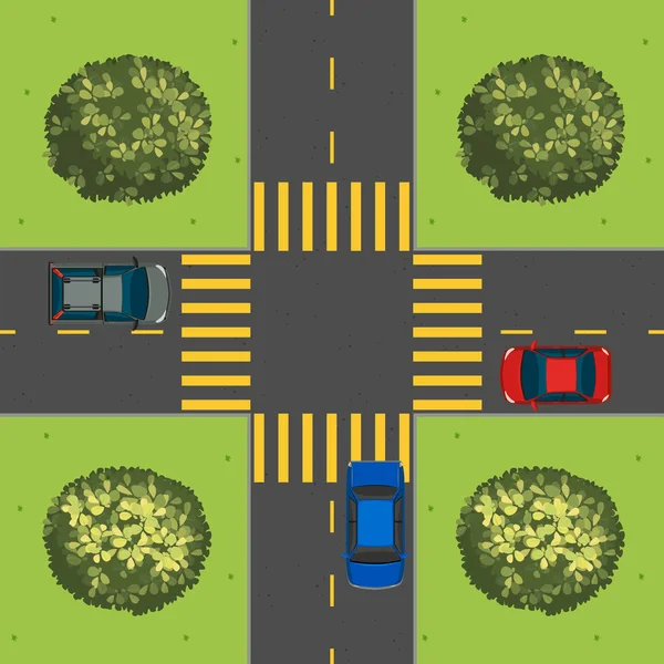 Vista aérea de los coches en la intersección — Vector de stock