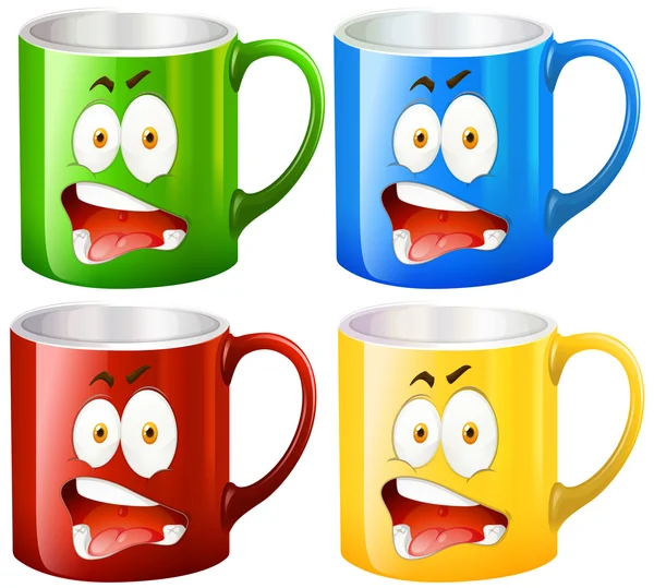 Coffee mugs with facial expressions — Stock Vector