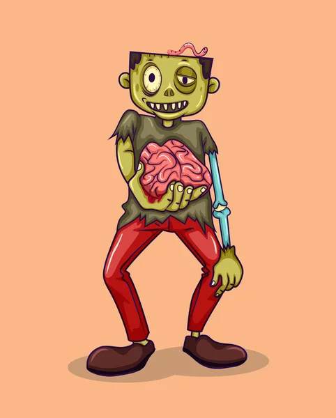 Zombie sosteniendo el cerebro en la mano — Vector de stock
