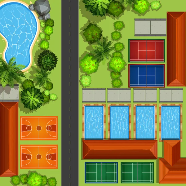 Service communautaire avec tribunaux et piscines — Image vectorielle