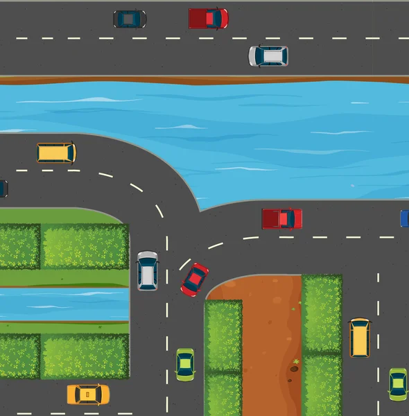 Coches en la carretera a lo largo del río — Vector de stock