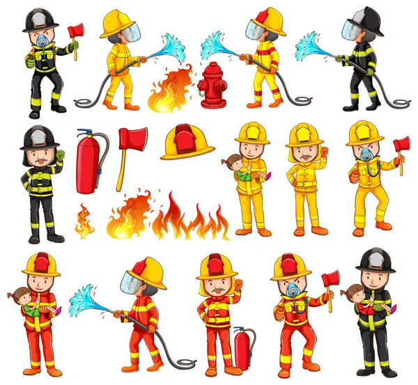 Conjunto de bombeiros e equipamentos —  Vetores de Stock