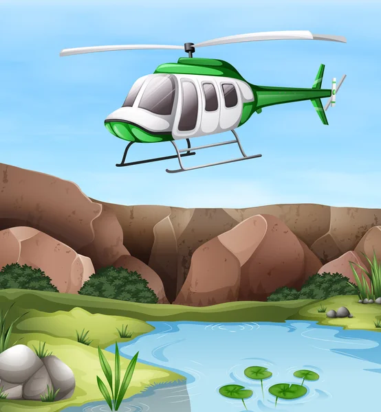 Helicopter flying over the cliff — Stockvector
