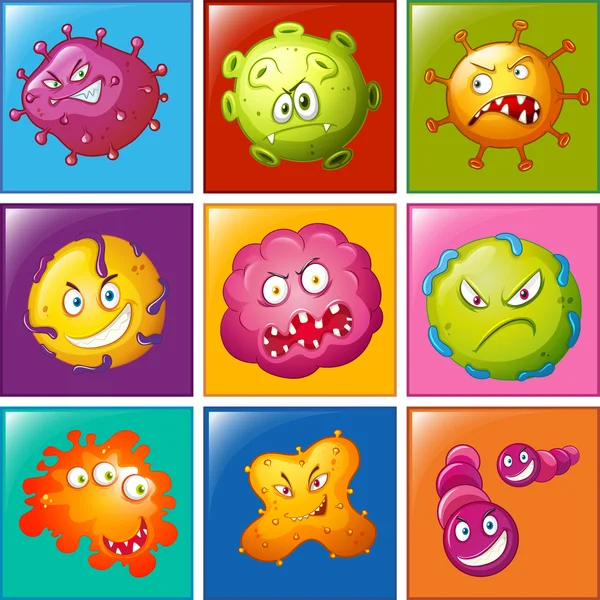 Bacteria with faces on badge — Stock Vector