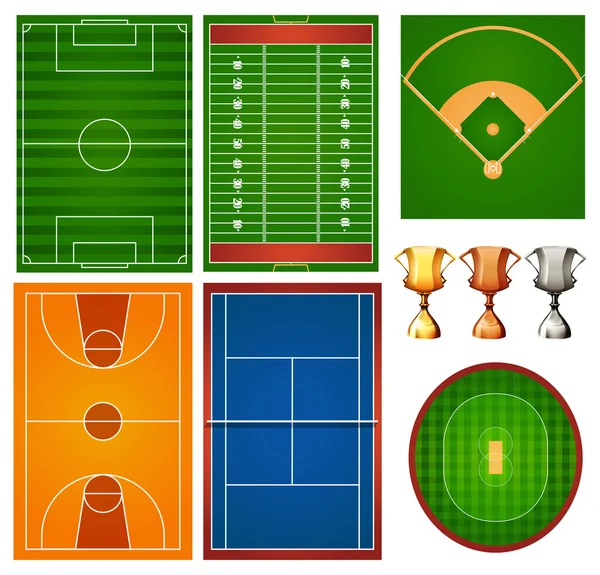 Diferentes canchas deportivas y trofeos — Vector de stock