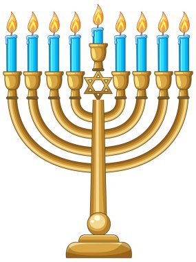 Vector illustration of a golden menorah with blue candles, lit flames, and Star of David