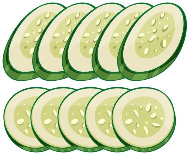 Green cucumber slices arranged in rows, flat vector style, clean lines, simple color palette