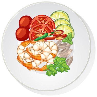 Vector illustration of shrimp salad with tomatoes, lime, herbs, and clams on white plate