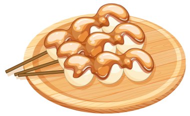 Vector illustration of dango skewers topped with sauce, arranged on a round wooden plate