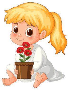 Cartoon vector of smiling blonde child in white pajamas holding flower pot with red blossoms.