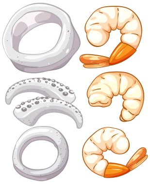 Hand-drawn vector shrimp and calamari rings, clean background, bright colors, cartoon style