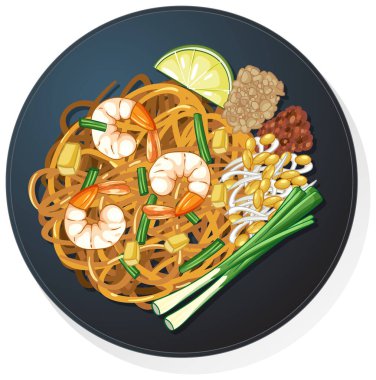 Colorful vector Pad Thai with shrimp, lime, scallions, bean sprouts, and peanuts on dark plate