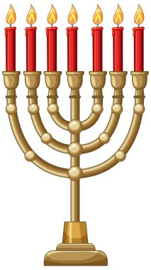 Golden menorah with seven burning red candles, clean vector style, white background, vertical composition