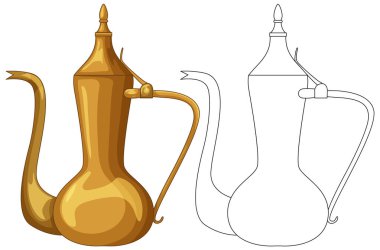 Golden dallah coffee pot with handle, spout, and outline version, clean vector style