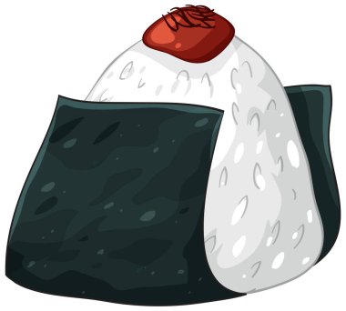 Vector illustration of onigiri rice ball wrapped in seaweed with umeboshi, clean cartoon style