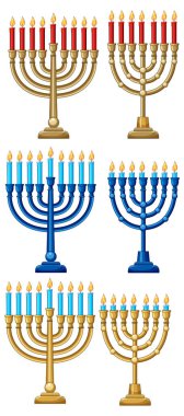 Six stylized menorahs with lit candles, gold and blue color palette, clean vector art style