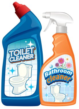 Bright vector illustration of toilet and bathroom cleaner bottles with clear labels and sparkling effects