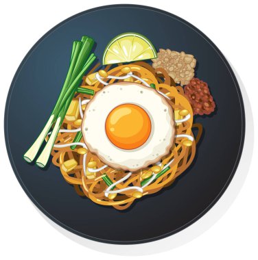 Vector illustration of Asian noodles topped with fried egg, scallions, lime, and side condiments