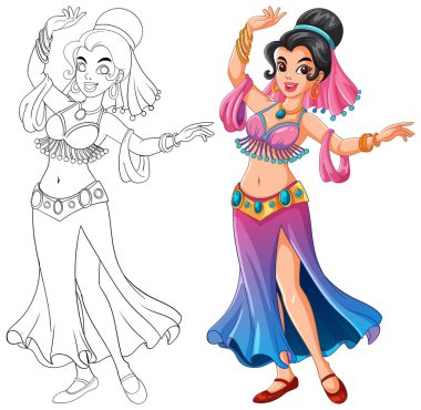 Smiling Middle Eastern dancer in colorful costume, side-by-side with black and white outline version