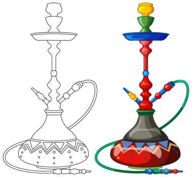 Vector illustration of a traditional hookah, shown in both colored and black-and-white outline styles