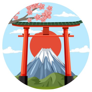 Flat vector illustration of Torii gate, Mount Fuji, cherry blossoms, and sunrise in circular composition