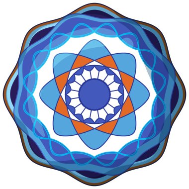 Katmanlı geometrik şekilli karmaşık mavi mandala vektörü, radyal simetri ve canlı renk aksanları