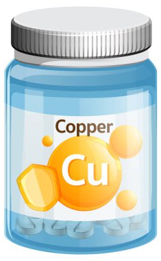 Şeffaf mavi kavanozun düz vektörü bakır takviye tabletleriyle, Cu etiketli, beyaz üzerine izole edilmiş..