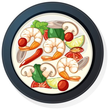 Karides Tom çorbası, canlı sebzeler, limon ve otların vektör çizimi, tepeden tırnağa görünüm