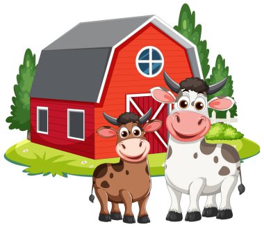 Kırmızı bir ahırın önünde yeşil ağaçları ve otları olan iki gülen inek.