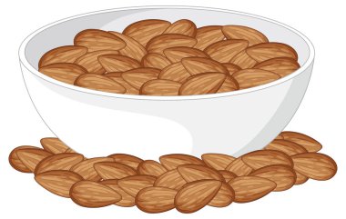 Beyaz bir kâse içindeki ham bademlerin vektör çizimi, bazıları temiz bir yüzeye dökülüyor..