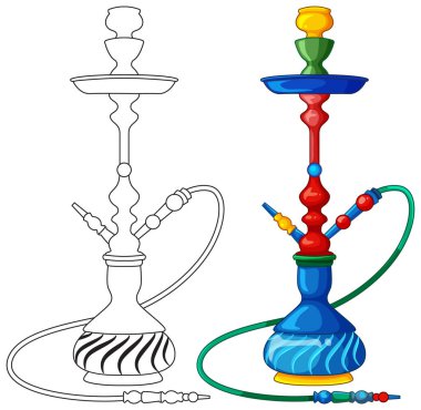 Renkli ve siyah-beyaz dış hatlı ayrıntılı bir nargile illüstrasyonuName