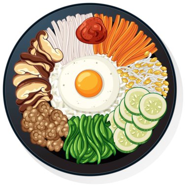 Bibimbap kasesinin vektör çizimi, canlı sebzeler, sahanda yumurta, yukarıdan aşağıya kompozisyon, düz stil.