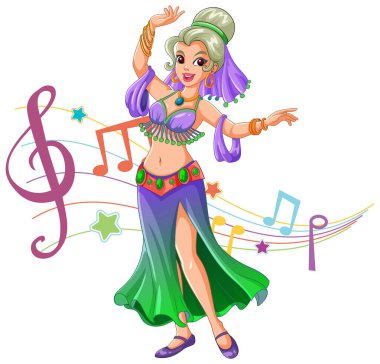 Canlı kostümlü çizgi film dansçısı, yüzen notalar ve yıldızlarla neşeyle dans ediyor.