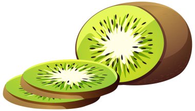 Parlak vektör kivi dilimleri ve tam meyve, canlı renkler, temiz çizgiler, beyaz arkaplan, düz biçim