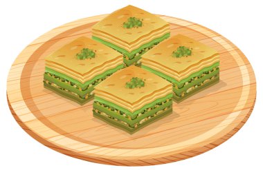 Yuvarlak ahşap servis tabağına yerleştirilmiş katmanlı şam fıstıklı baklava karelerinin vektör çizimi