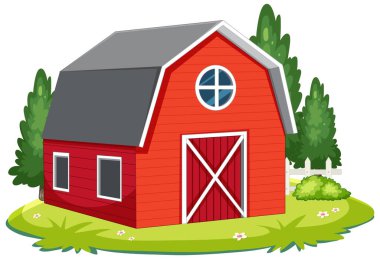 Kırmızı ahır, beyaz süsleme, yeşil ağaçlar ve çimenli manzaranın vektör çizimi, düz stil.