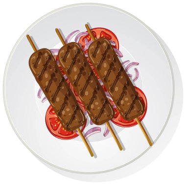 Dilimlenmiş domatesli ve soğanlı üç ızgara kebap, vektör illüstrasyon.